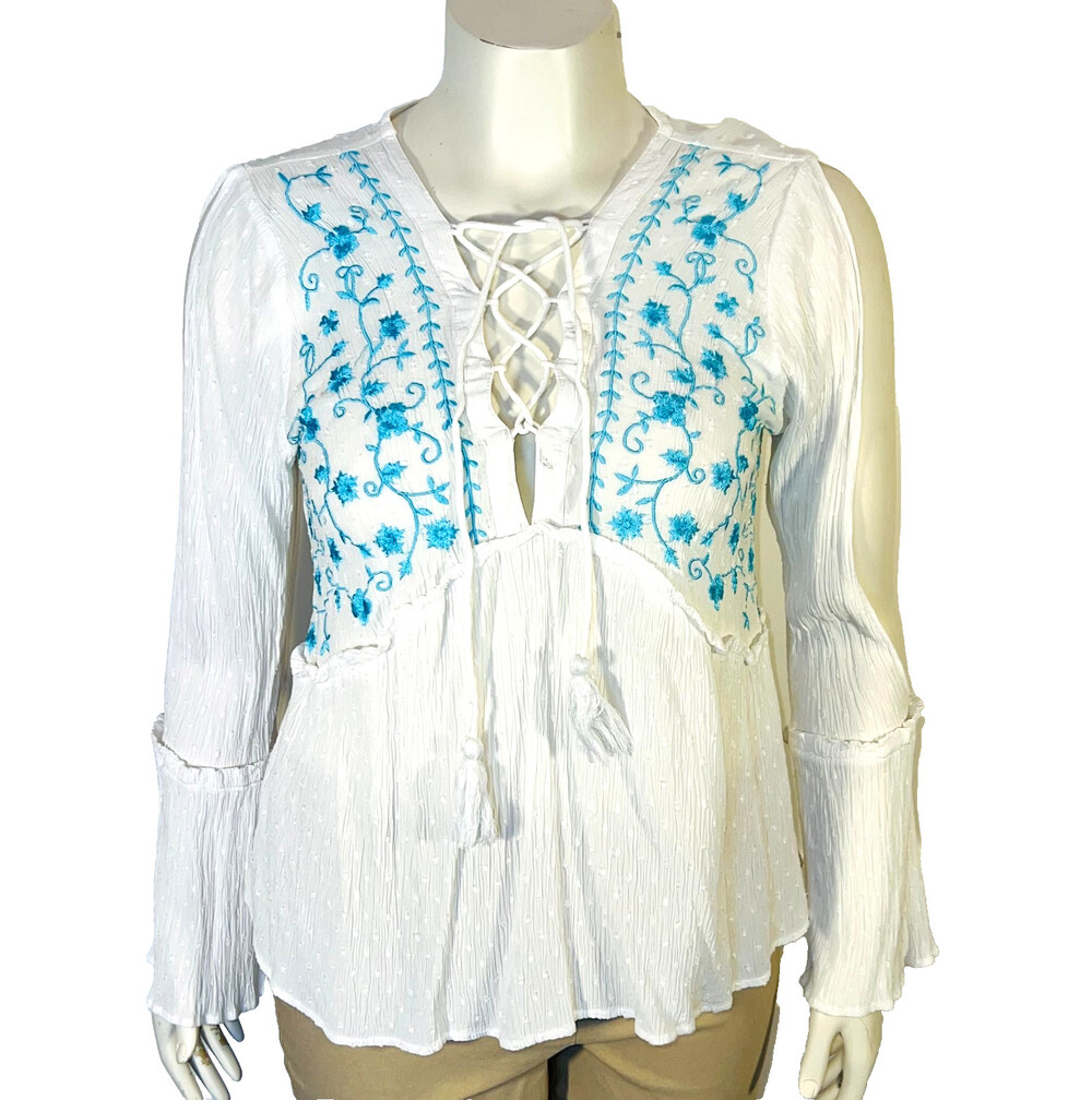 Venus Blouse Women's 16 Fits Like L/XL White Blue Gauze Boho Peasant Top Stretch